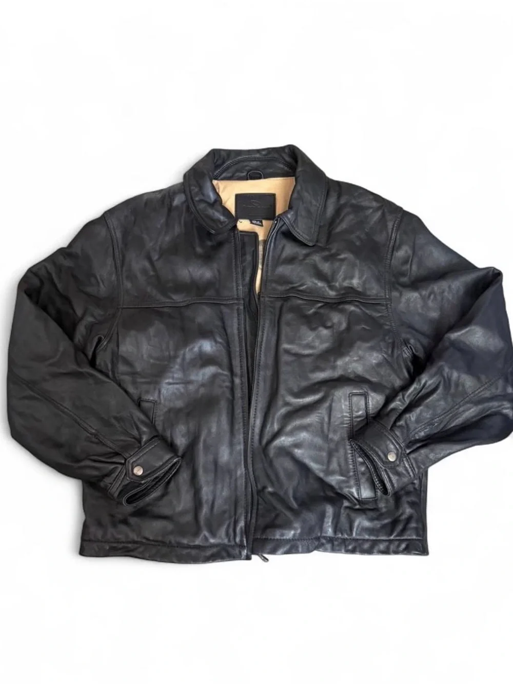 Men's Black Leather Bomber Jacket - Classic Zip Front